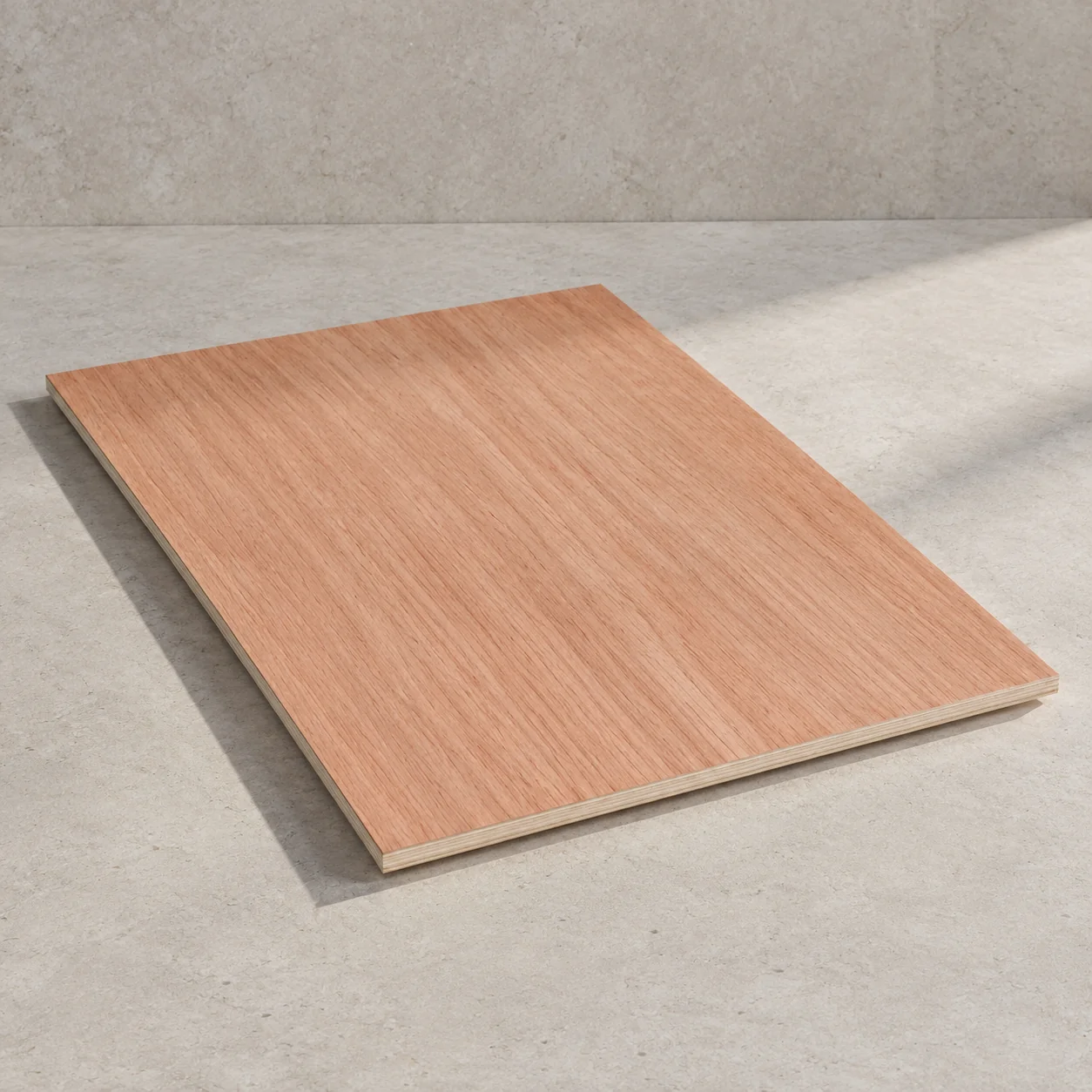 Whole bintangor-faced plywood sheet on limestone, reddish-brown face with fine grain
