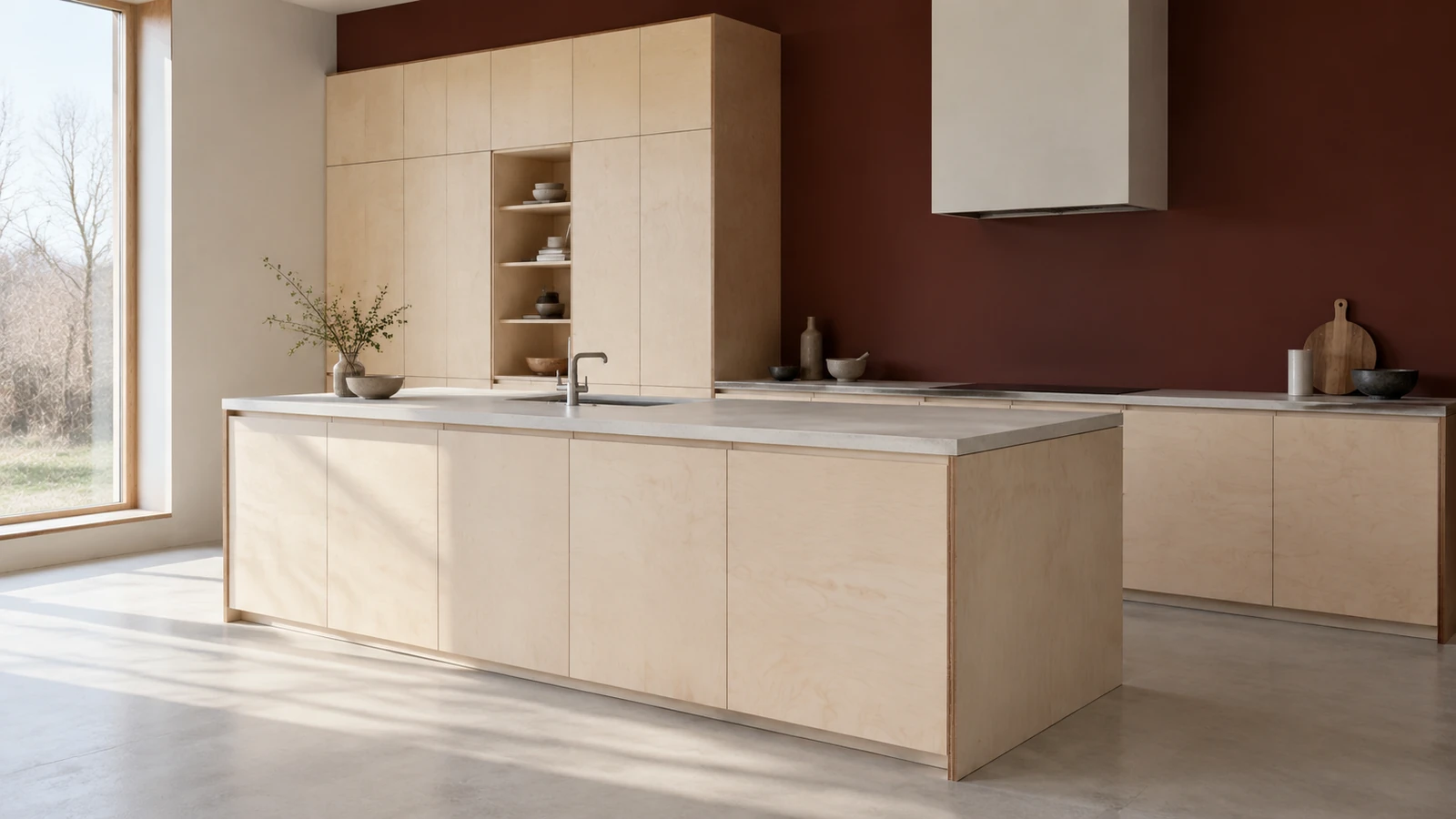Modern kitchen and tall storage wall made of pale birch-faced plywood with layered edges, a limestone worktop and an oxblood wall