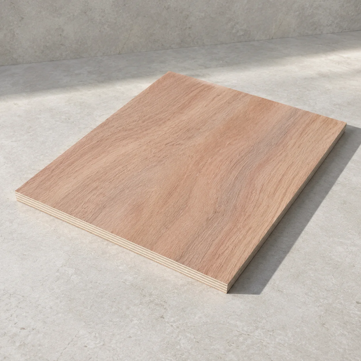 Whole eucalyptus-faced plywood sheet on limestone, light pinkish-brown face