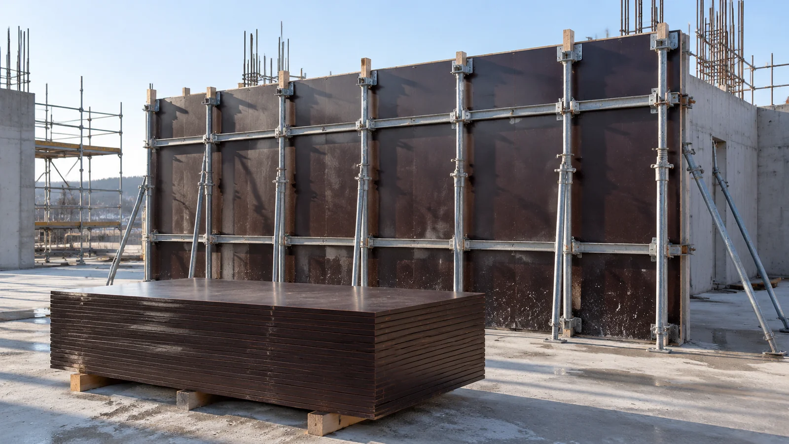 Concrete wall formwork of dark brown film-faced plywood panels held by steel props, a stack of film-faced sheets on timber bearers in front
