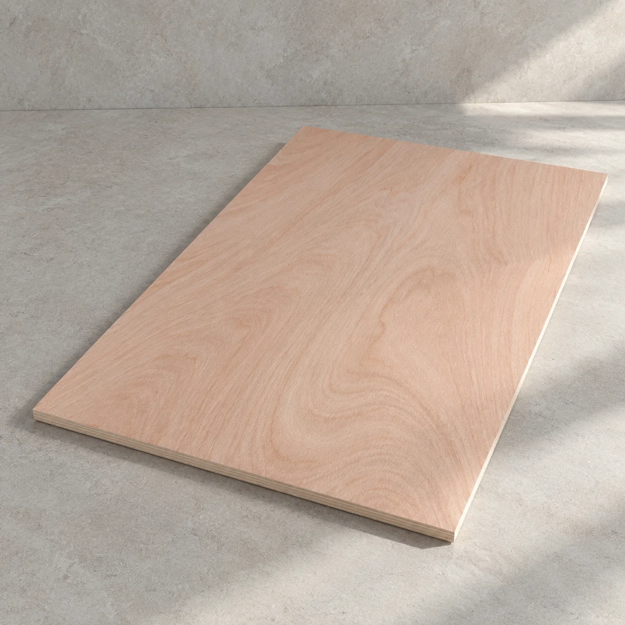 Whole okoume-faced plywood sheet on limestone, soft pinkish-beige face