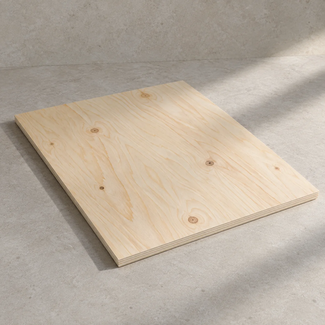 Whole pine-faced plywood sheet on limestone, pale cream face with soft figure and small sound knots